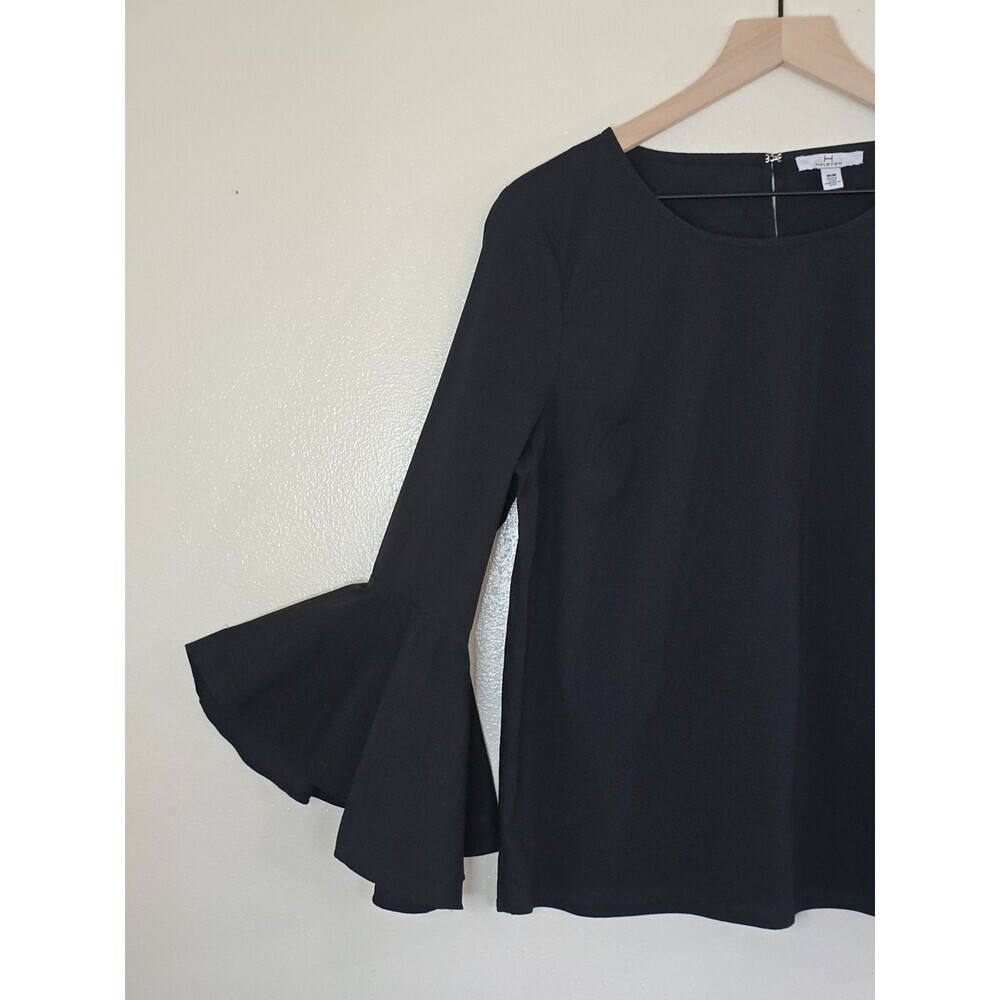 HALSTON Black Bell Sleeve Blouse Top Women Medium Flare Sleeve Stretch - Picture 4 of 8